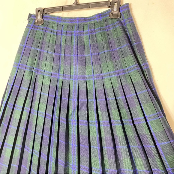 Vintage Bianca Green Blue Plaid Pleated Wool Midi Skirt M - Picture 11 of 14